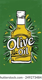 Olive oil bottle on green background in 70s comic book style. Vertical vector illustration with text in pop art style