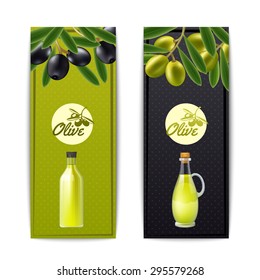 Olive oil bottle and pourer with black and green olives vertical banners set abstract isolated vector illustration