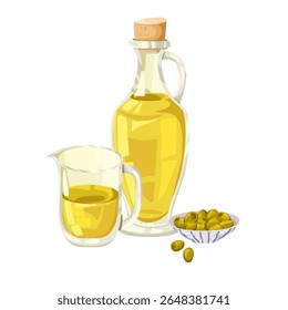 Olive oil bottle, olive oil pourer and a ceramic bowl of small green olives vector illustration. Hand drawn cartoon composition for culinary, packaging, product branding, menu design, stickers