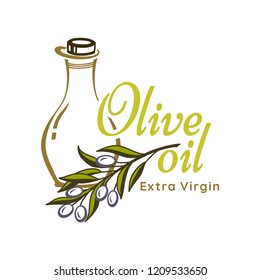 Olive oil bottle and product label templates. Vector icons of green olives branch and extra virgin natural organic oil for farm store or market, cooking and cosmetic or pharmaceutical industry.