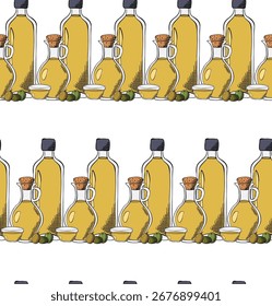 Botella de aceite de oliva sin patrón. Vector gráfico línea tinta ilustración de color. Tema vegano. Estilo de vida saludable. Fondo natural de la comida para los Anuncios, impresión para la tela, etiquetas, impresión de la camiseta.

