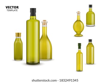 Juego de botellas de aceite de oliva. Frasco de vidrio de aceite de oliva virgen extra orgánico aislado con iconos de diseño de etiqueta. Recogida saludable de alimentos naturales. Ilustración vectorial del ingrediente vegetariano del producto