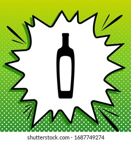 Olive oil bottle sign. Black Icon on white popart Splash at green background with white spots. Illustration.