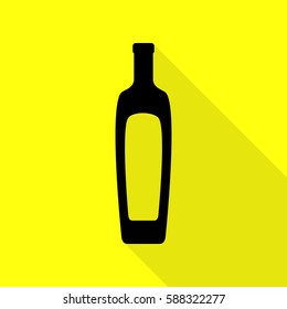 Olive oil bottle sign. Black icon with flat style shadow path on yellow background.