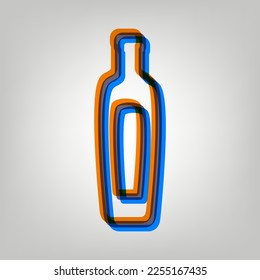 Olive oil bottle sign. Stroked Icon in orange, azure and old lavender Colors at gray Background. Illustration.