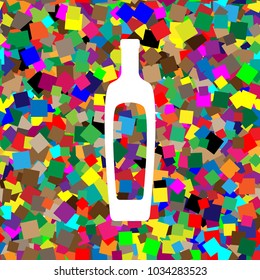 Olive oil bottle sign. Vector. White icon on colorful background with seamless pattern from squares.