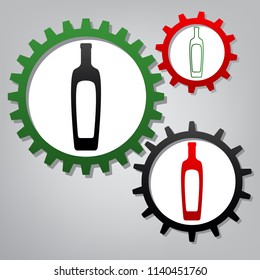 Olive oil bottle sign. Vector. Three connected gears with icons at grayish background.