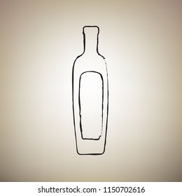 Olive oil bottle sign. Vector. Brush drawed black icon at light brown background.