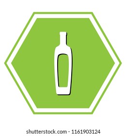 Olive oil bottle sign. Vector. White icon with black shadow at yellow green honeycomb on white background.