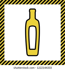Olive oil bottle sign. Vector. Warm yellow icon with black contour in frame named as under construction at white background. Isolated.