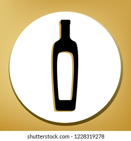 Olive oil bottle sign. Vector. Black icon with light brown shadow in white circle with shaped ring at golden background.