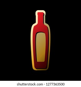 Olive oil bottle sign. Vector. Red icon with small black and limitless shadows at golden sticker on black background.