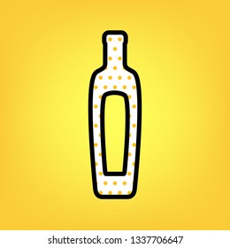 Olive oil bottle sign. Vector. Yellow polka dot white icon with black contour at warm yellow background.