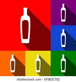 Olive oil bottle sign. Vector. Set of icons with flat shadows at red, orange, yellow, green, blue and violet background.