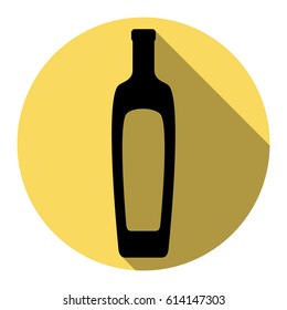 Olive oil bottle sign. Vector. Flat black icon with flat shadow on royal yellow circle with white background. Isolated.