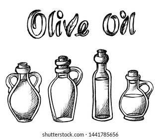 olive oil bottle sketches set. Hand drawn vector illustrations isolated on white background.