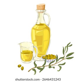 Olive oil bottle, small oil jug, olive branches and plate of olives vector composition. Hand drawn cartoon illustration for culinary, packaging, product branding, menu design, stickers