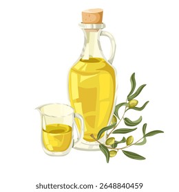 Olive oil bottle, small oil jug, olive branches with small green olives vector composition. Hand drawn cartoon illustration for culinary, packaging, product branding, menu design, stickers