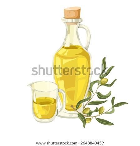 Olive oil bottle, small oil jug, olive branches with small green olives vector composition. Hand drawn cartoon illustration for culinary, packaging, product branding, menu design, stickers