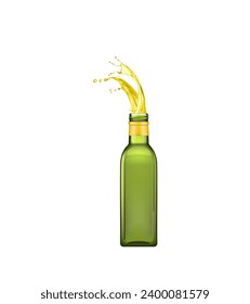 Olive oil bottle with splash for package mockup of extra virgin olive oil, realistic vector. Olive oil glass bottle with splashing flow or spilling pour of oil for natural organic products package