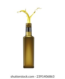 Olive oil bottle with splashes. Pour olive oil. Isolated 3d vector realistic glass flask overflow with golden liquid, captured in the air, promising culinary excellence of Mediterranean indulgence