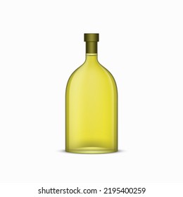 Vorlage für Olivenölflaschen einzeln auf weißem Hintergrund. Extra-Frischöl-Glas. Lebensmittel-Kochen-Produkt, umweltfreundliche Verpackung. Pflanzenölverpackung für das Branding. 3D-Vektorgrafik