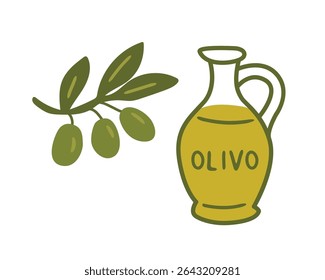 Garrafa de óleo de oliva para um tema tradicional de cozinha italiana. Ilustração feita pelo homem, sem envolvimento com IA. Criado no Adobe Illustrator manualmente.