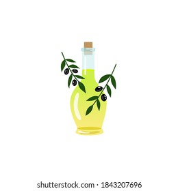 Olive oil bottle with olive tree sprigs. Vector illustration.