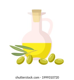 Olive Oil Bottle and olive. Yellow oil in container. Overhead view of green branch with berries for Mediterranean or vegan diet. Flat design isolated element for menu, poster, label, packaging