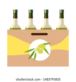 Olive oil bottles in box flat vector illustration. Bottled organic Olea europaea in branded container with company logo isolated on white background. Green olive berries with leaves corporate logotype