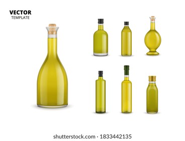 Botellas de aceite de oliva con etiqueta. Iconos orgánicos aislados de aceite de oliva virgen extra. Ilustración vectorial de ingrediente saludable natural
