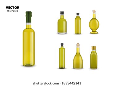 Olive oil bottles with label set. Isolated organic extra virgin olive oil food icons. Natural vegetarian product vector illustration