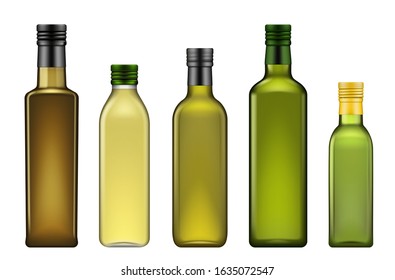 Olive oil bottles realistic 3d template mockup, vegetable oils blank glass package. Vector extra virgin avocado, pomace or olive and sesame seeds oil bottle with metal green lid