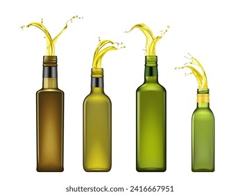 Botellas de aceite de oliva con salpicaduras brillando en la luz, capturan la esencia de frescura y sabor. Presentación dinámica de la hilera de frascos de vidrio vectorial 3d aislados y realistas, delicias culinarias prometedoras