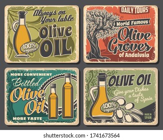 Olive oil bottles, tree and fruits. Vector. Extra virgin cooking oil in jug and bottle, ripe olives on tree branch. Mediterranean Italian, Spanish or Greek cuisine natural product and agriculture