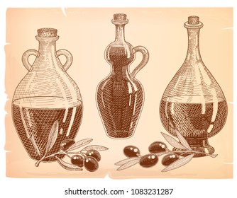 Olive oil in bottles and weights of an olive tree, a set of vector illustrations.
