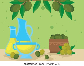 olive oil box and leafs with containers