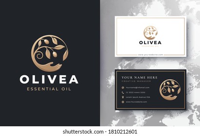 olive oil branch with hand up logo and business card design