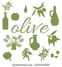 Olive oil, olive branch. Icon set. Vector illustration isolated on white background.