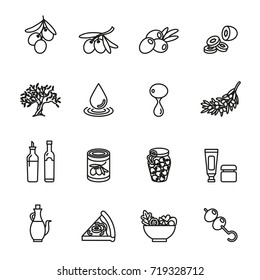 Olive oil, olive branch icons set.  thin line design. linear symbols collection.