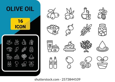 Olive oil, olive branch icons set.leaf, oil, outline, signs, stroke, olive, collection, illustration, linear, set, thin, design, icon, line, nature, symbol, tree branch. linear symbols collection.