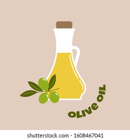 Olive oil and olive branch isolated on light background. Vector illustration