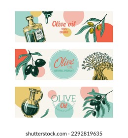 Plantilla de etiquetas de aceite de oliva y bifurcación. Elegante cartel de tipografía. Producto vegetariano orgánico en botella. Planta verde para el diseño de embalajes. La mano grabada dibujada en boceto vintage. Ilustración vectorial.