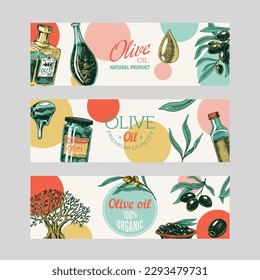 Olive oil and branch Label Template. Elegant Typography Banner. Organic vegetarian product in bottle. Green plant for Packaging Design. Engraved hand drawn in vintage sketch. Vector illustration.