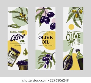 Olive oil and branch Label Template. Elegant Typography Banner. Organic vegetarian product in bottle. Green plant for Packaging Design. Engraved hand drawn in vintage sketch. Vector illustration.