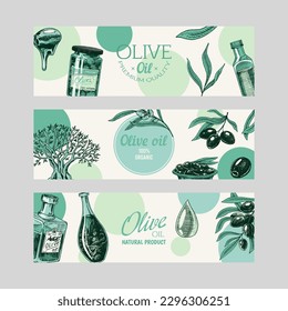 Olive oil and branch Label Template. Elegant Typography Banner. Organic vegetarian product in bottle. Green plant for Packaging Design. Engraved hand drawn in vintage sketch. Vector illustration.