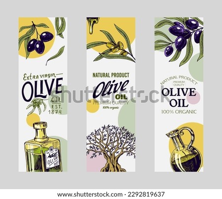Olive oil and branch Label Template. Elegant Typography Banner. Organic vegetarian product in bottle. Green plant for Packaging Design. Engraved hand drawn in vintage sketch. Vector illustration.