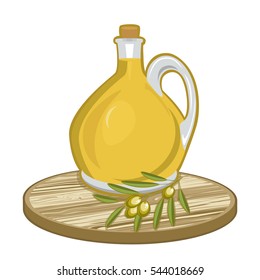 Olive oil with branch of olive on cutting board