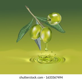 Olive oil with olive branch. Realistic 3d fruits of olives. Drop of olive oil splash.
