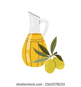 Olive oil. Branch ripe green olives. Ingredient for cooking. Olive tree.  Flat illustration on white background.